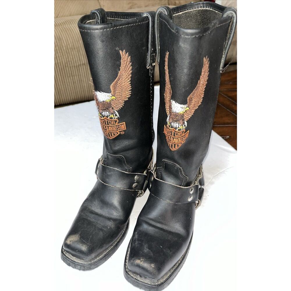 Harley Davidson Embroidered Eagle Logo Black Leather Boots Women size 8.5M Biker